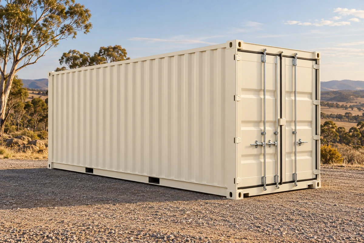 Cream shipping container in an Australian landscape
